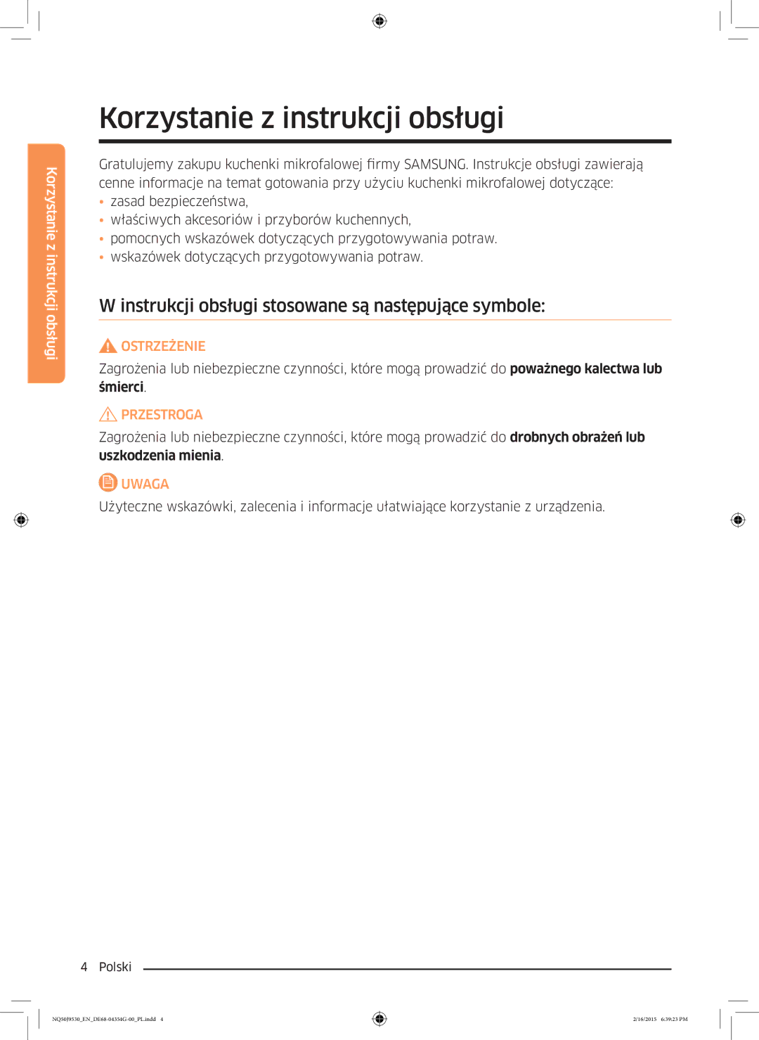 Samsung NQ50J9530BS/EO manual Korzystanie z instrukcji obsługi, Instrukcji obsługi stosowane są następujące symbole 