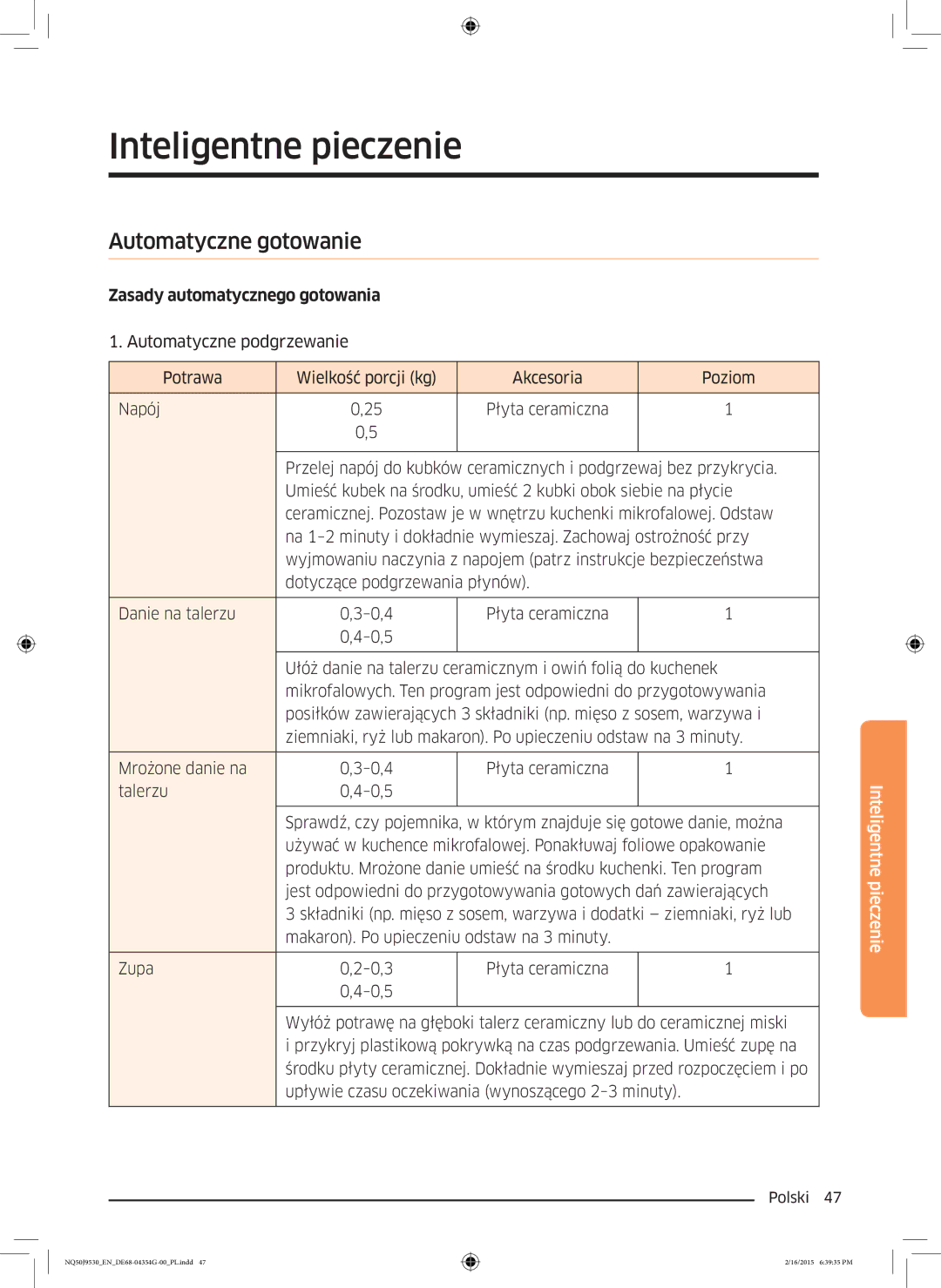 Samsung NQ50J9530BS/EO manual Inteligentne pieczenie, Automatyczne gotowanie 