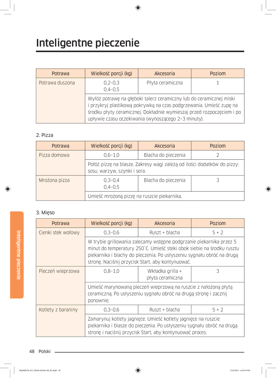 Samsung NQ50J9530BS/EO manual Sosu, warzyw, szynki i sera Mrożona pizza 0,4 