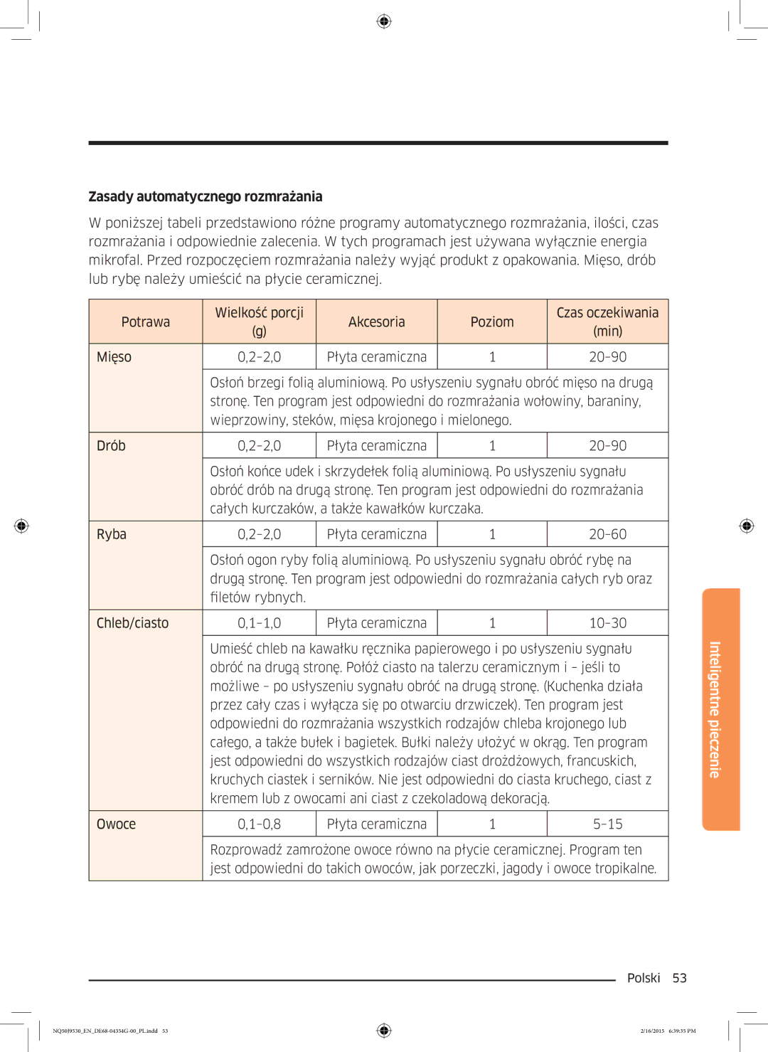 Samsung NQ50J9530BS/EO manual Zasady automatycznego rozmrażania 