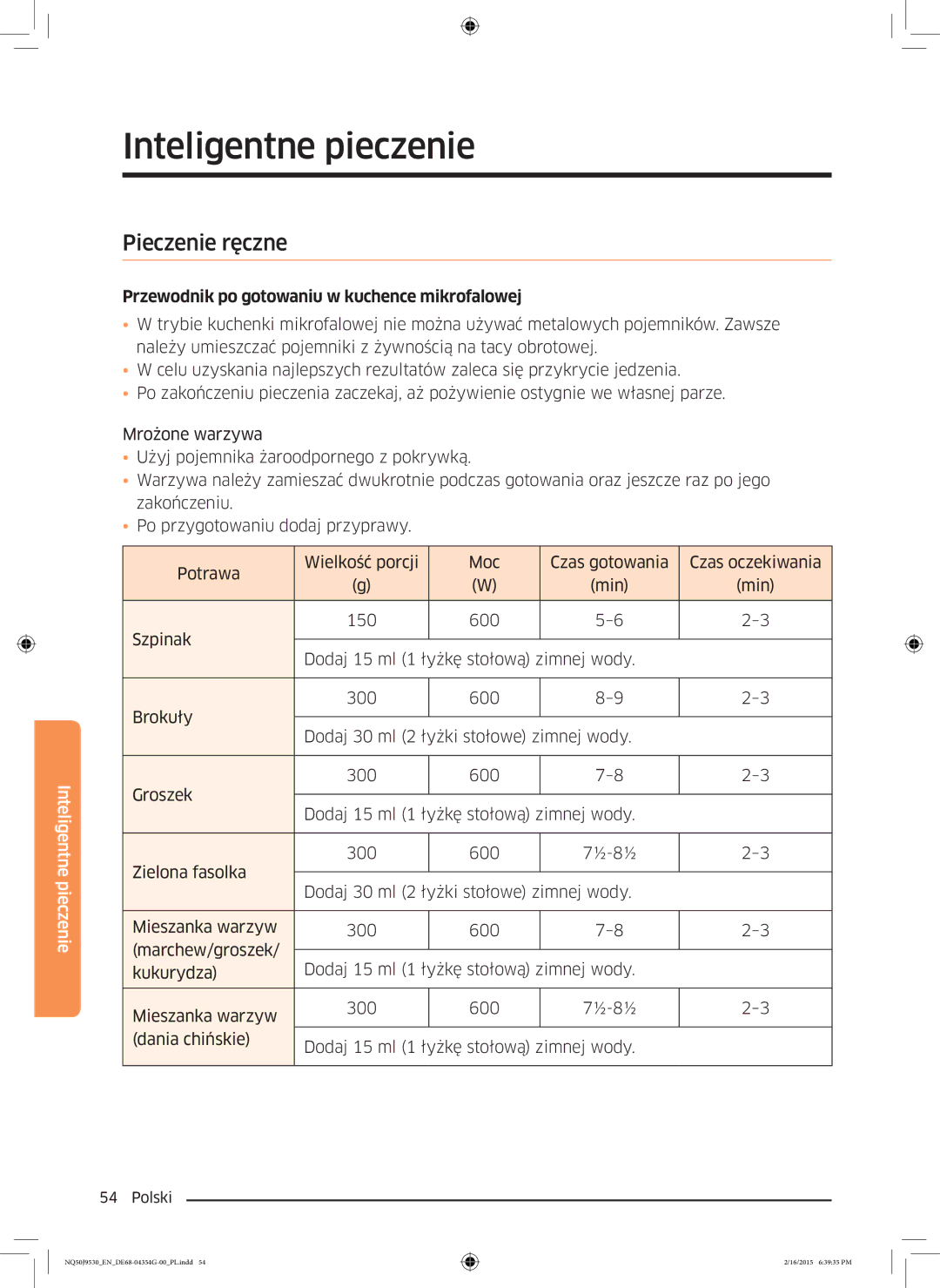 Samsung NQ50J9530BS/EO manual Pieczenie ręczne, Przewodnik po gotowaniu w kuchence mikrofalowej 