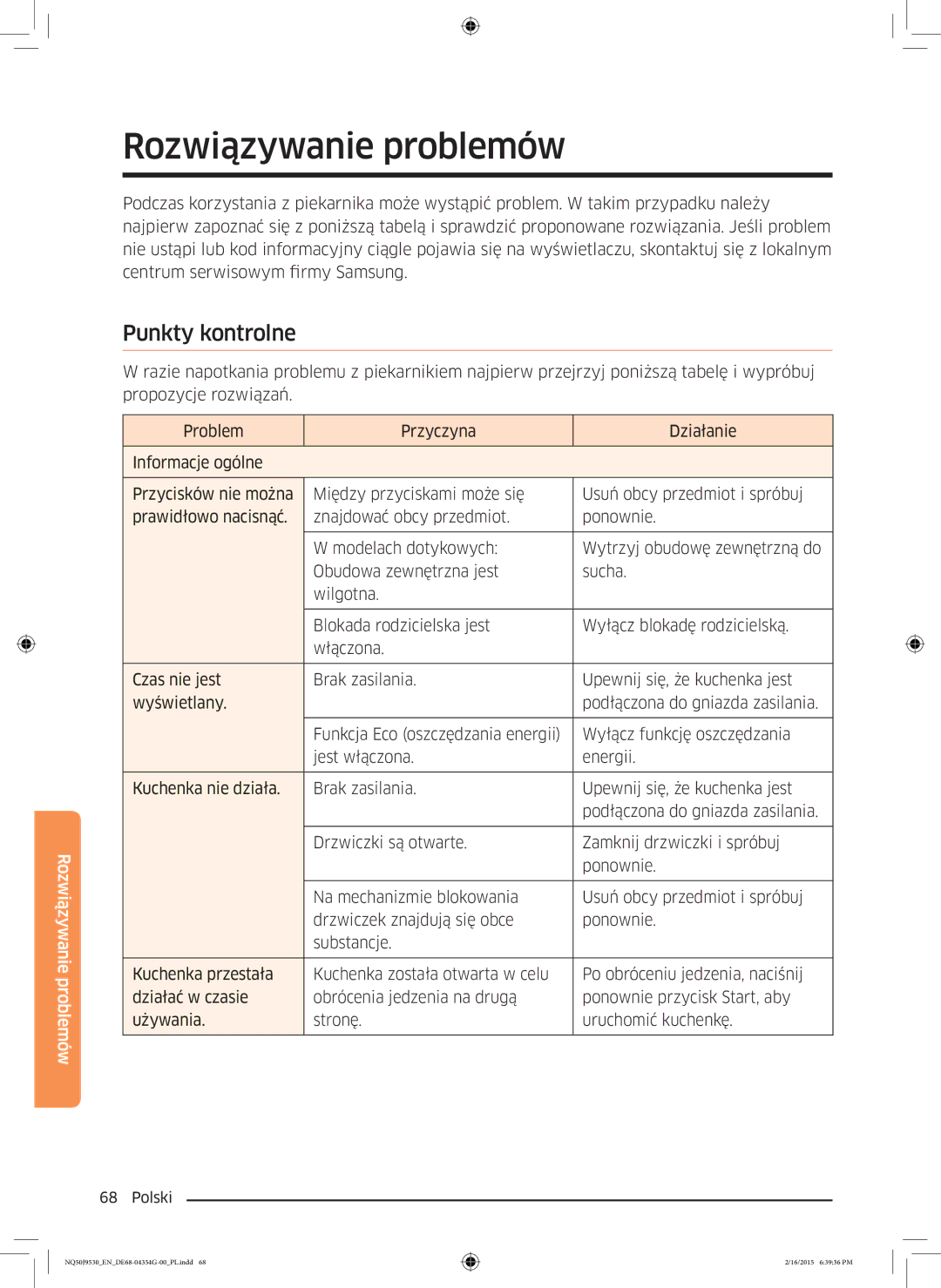 Samsung NQ50J9530BS/EO manual Rozwiązywanie problemów, Punkty kontrolne 