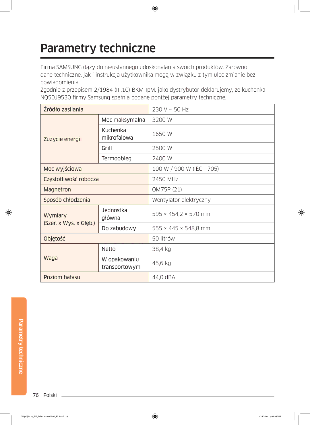 Samsung NQ50J9530BS/EO manual Parametry techniczne 