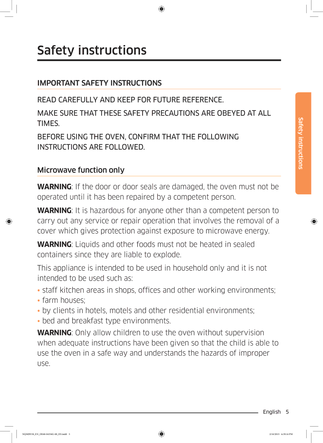 Samsung NQ50J9530BS/EO manual Safety instructions 