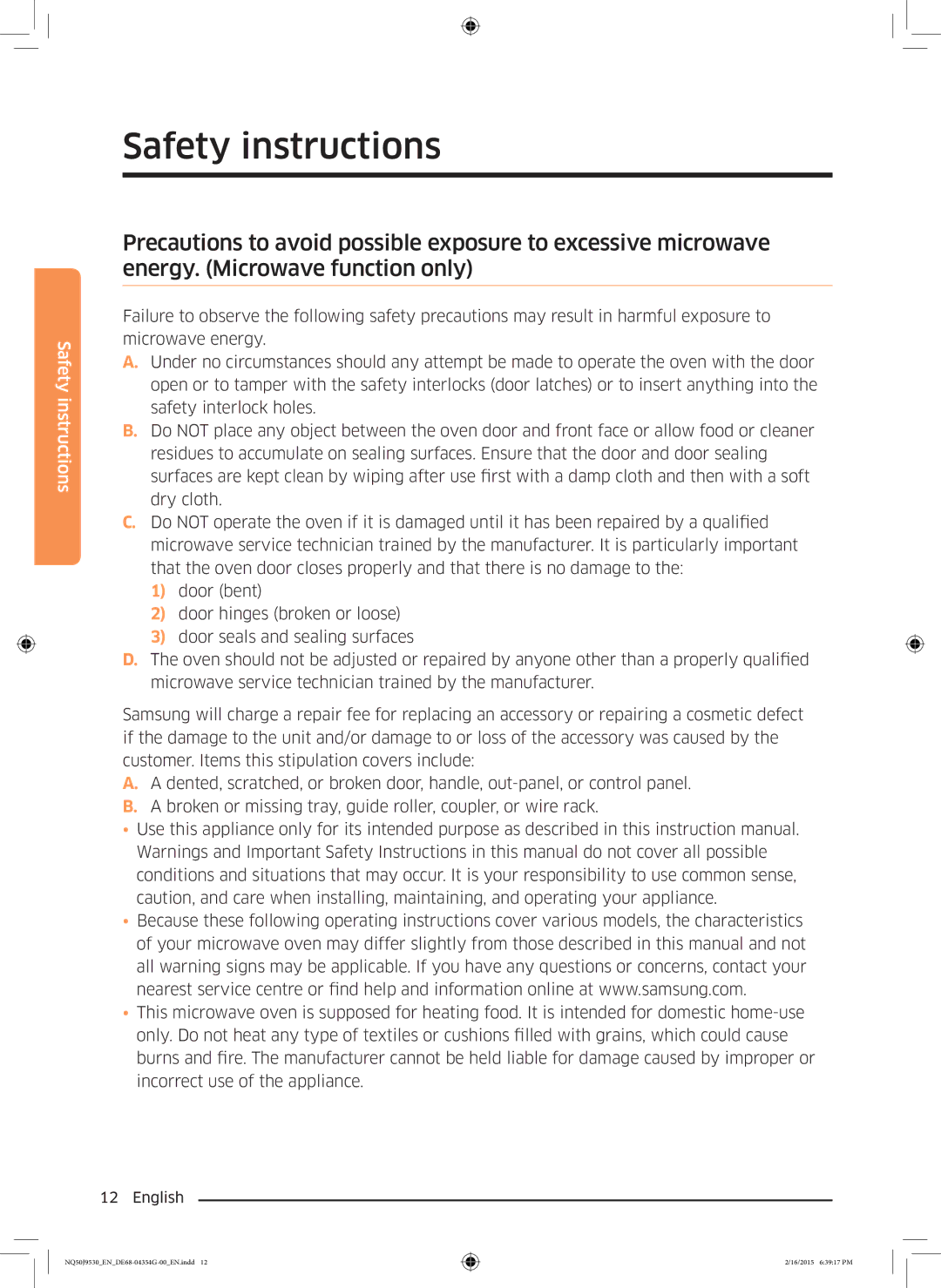 Samsung NQ50J9530BS/EO manual Safety instructions 