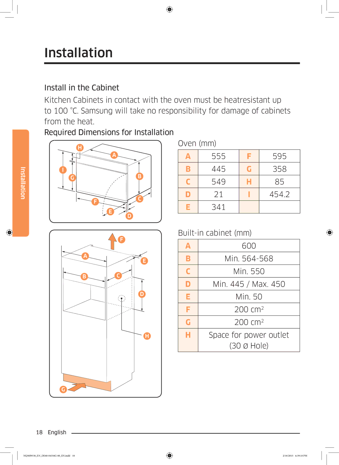 Samsung NQ50J9530BS/EO manual Oven mm, Built-in cabinet mm, Min / Max, Space for power outlet 30 Ø Hole 