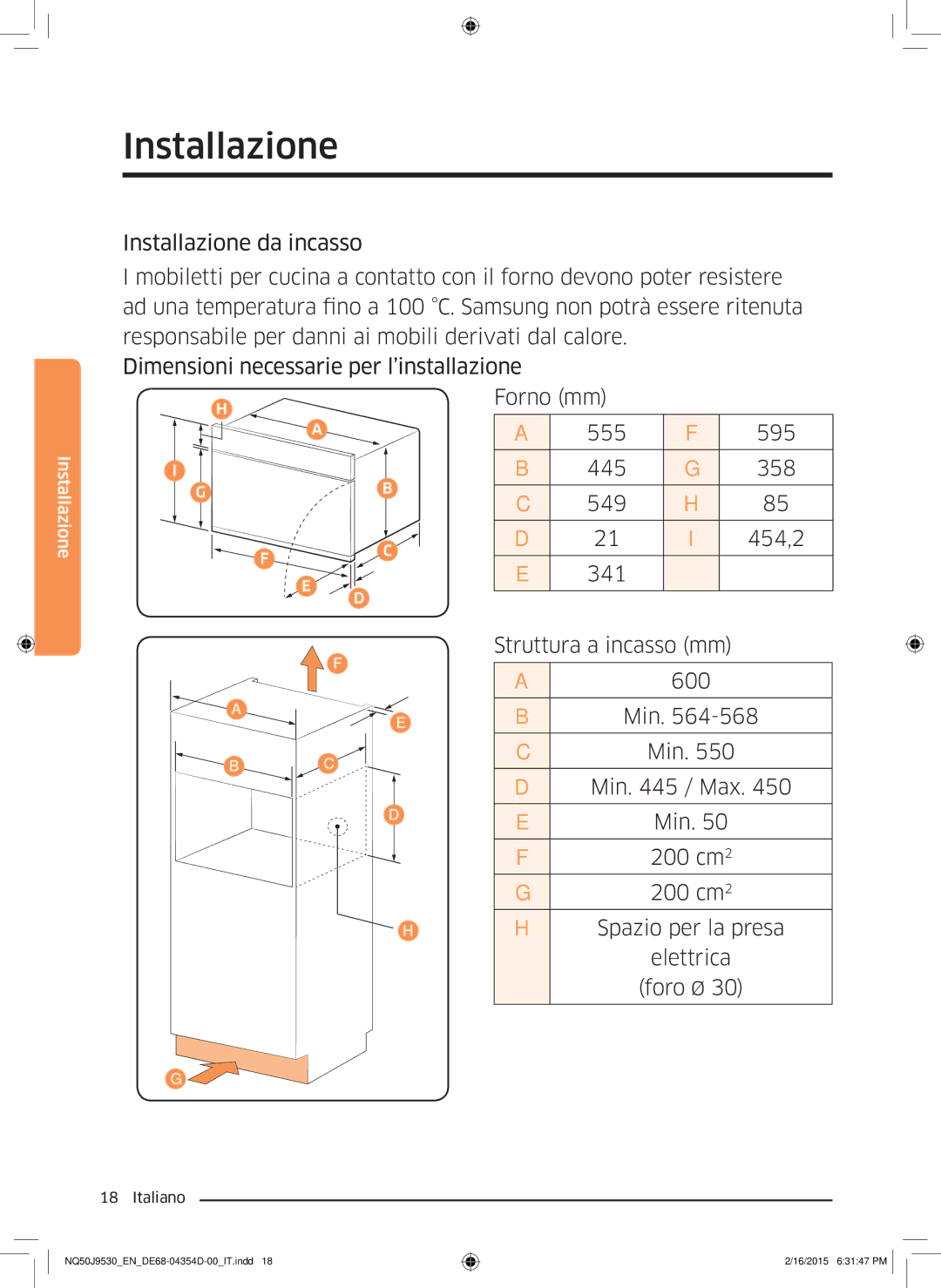 Samsung NQ50J9530BS/ET manual Min / Max, Spazio per la presa Elettrica Foro Ø 