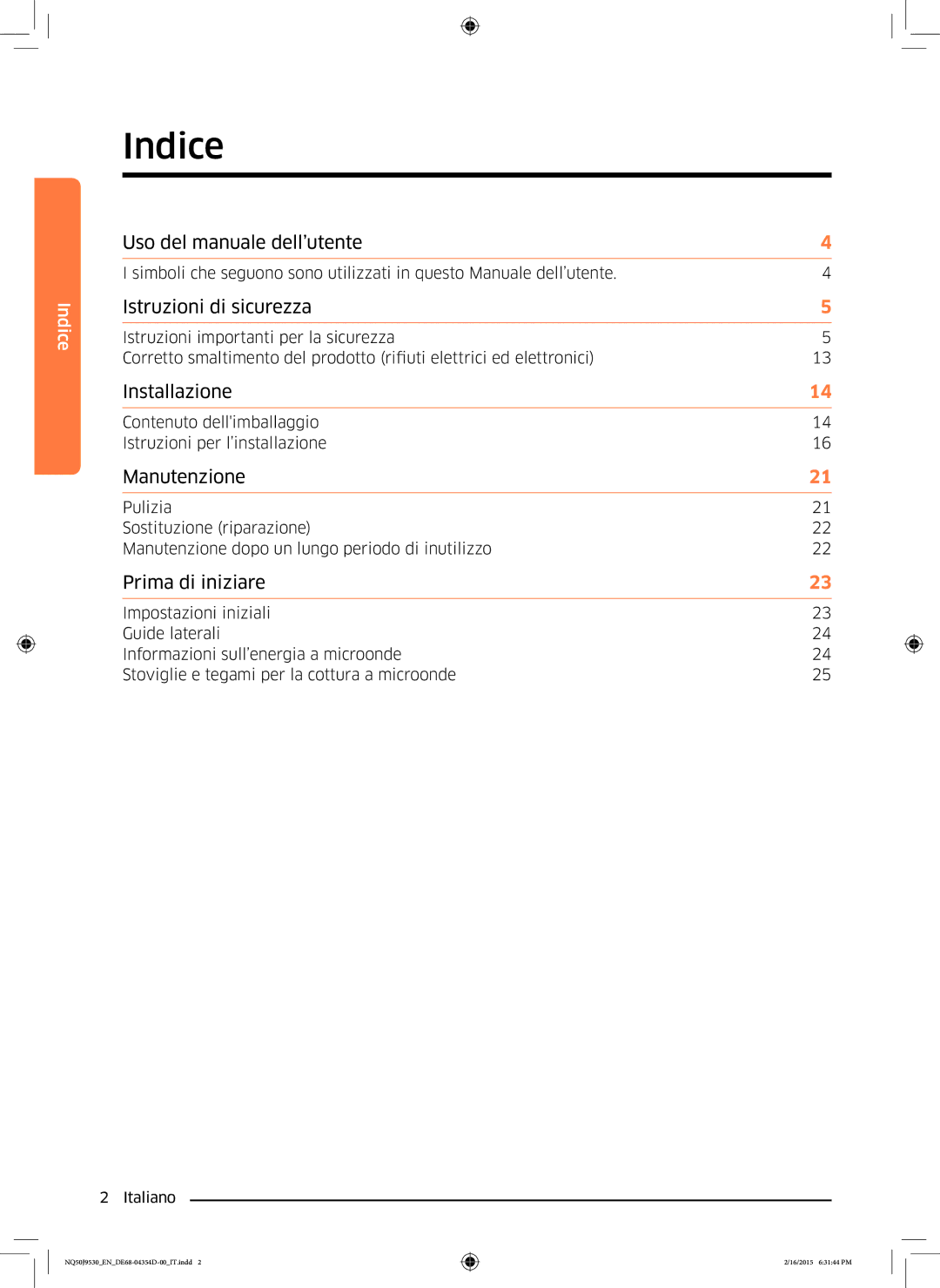 Samsung NQ50J9530BS/ET manual Indice, Istruzioni di sicurezza 