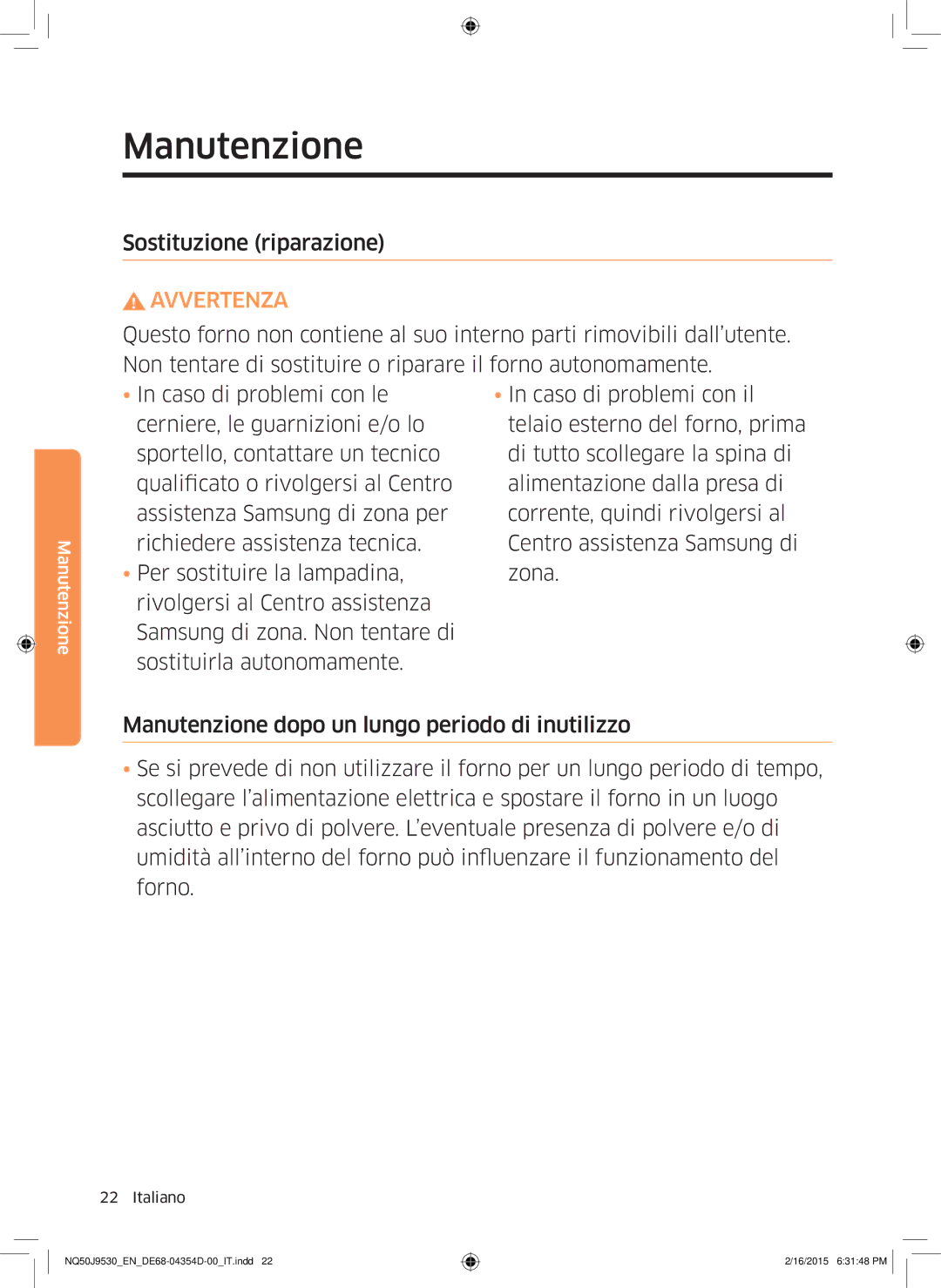 Samsung NQ50J9530BS/ET manual Sostituzione riparazione, Avvertenza 