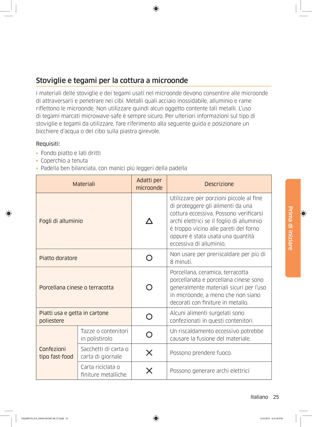 Samsung NQ50J9530BS/ET manual Stoviglie e tegami per la cottura a microonde 