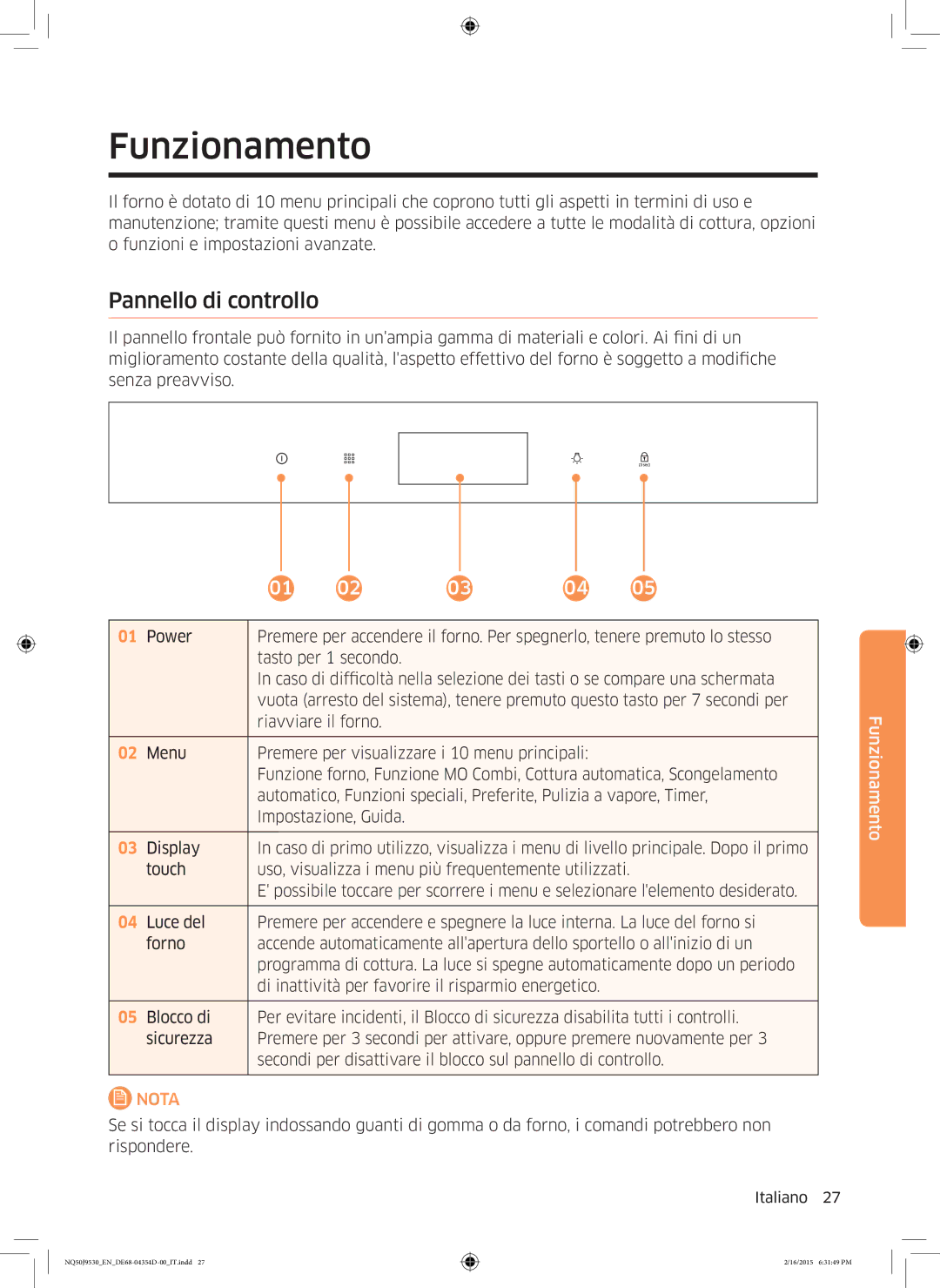 Samsung NQ50J9530BS/ET manual Funzionamento, Pannello di controllo 