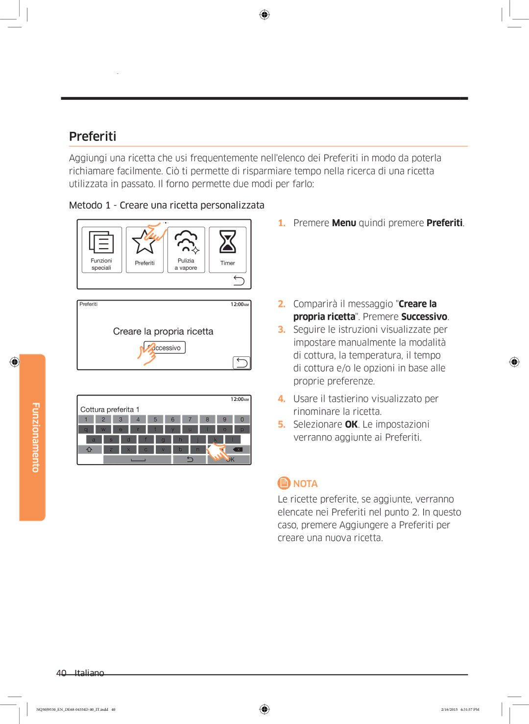 Samsung NQ50J9530BS/ET manual Preferiti, Creare la propria ricetta 