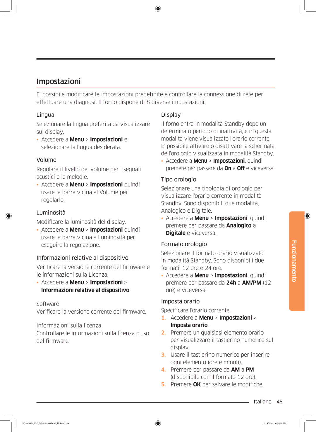 Samsung NQ50J9530BS/ET manual Accedere a Menu Impostazioni Imposta orario 