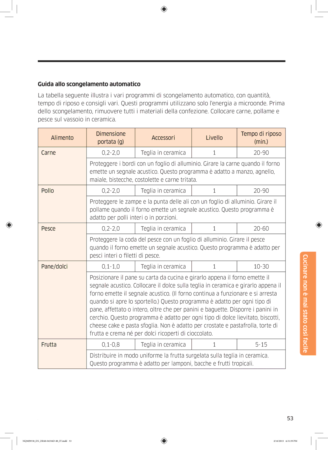 Samsung NQ50J9530BS/ET manual Guida allo scongelamento automatico 