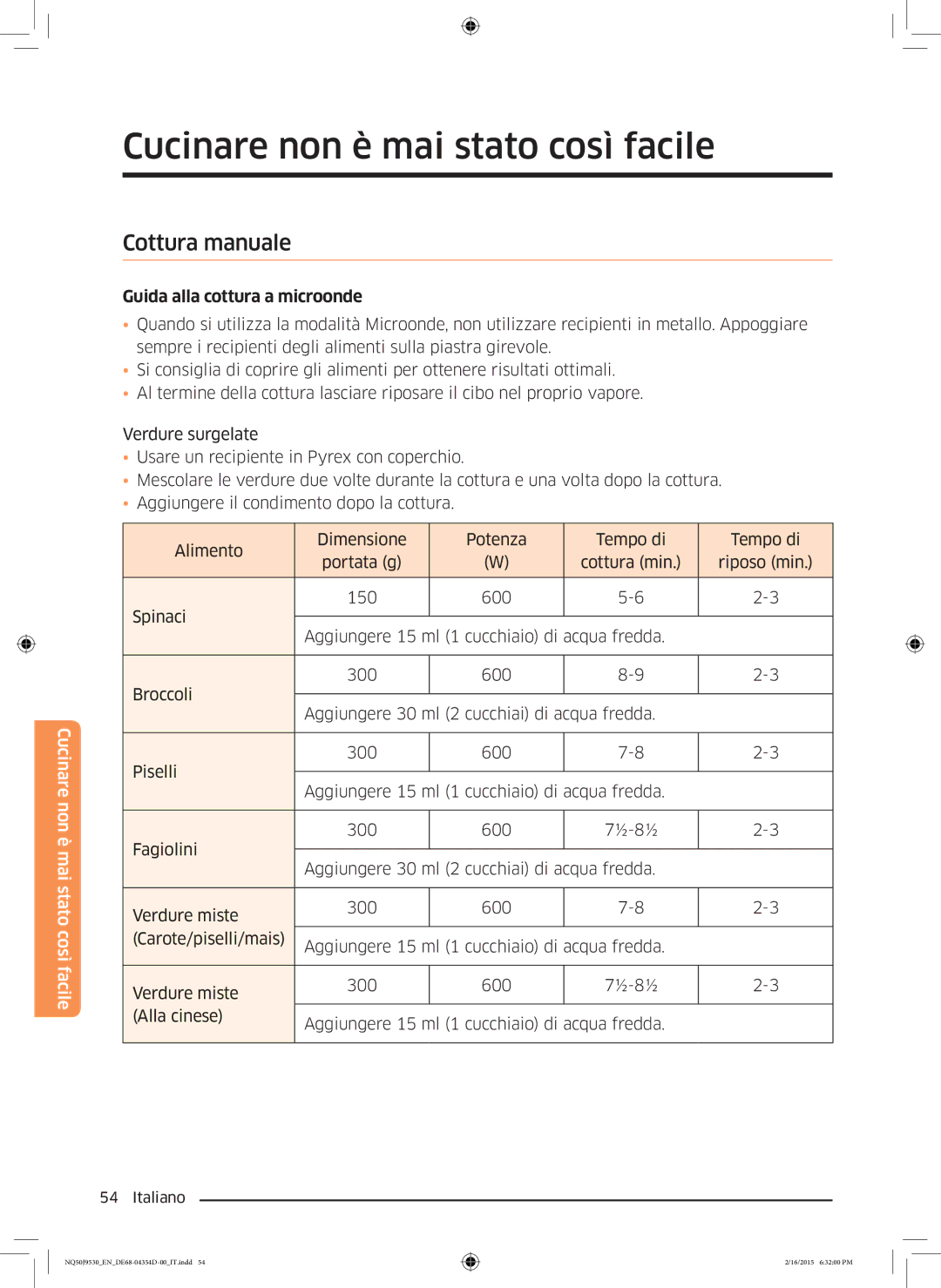 Samsung NQ50J9530BS/ET Cottura manuale, Guida alla cottura a microonde 