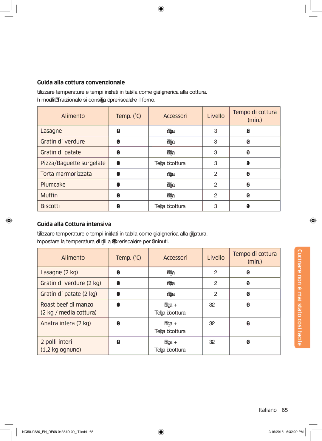 Samsung NQ50J9530BS/ET manual Guida alla cottura convenzionale, Guida alla Cottura intensiva 