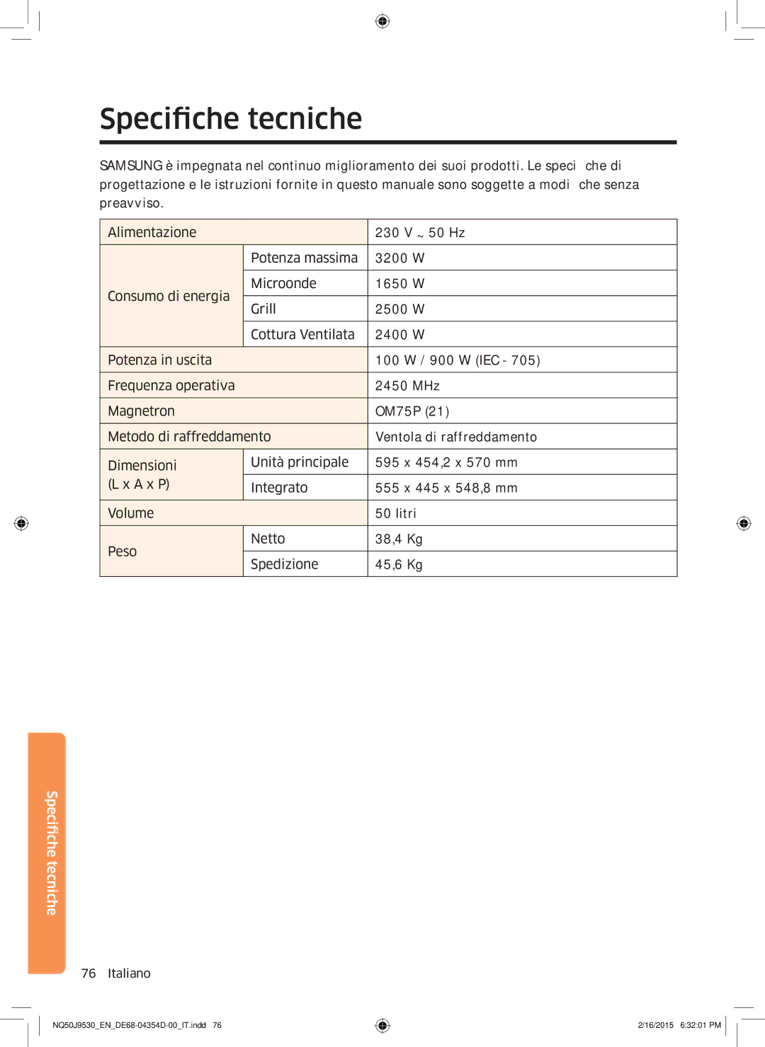 Samsung NQ50J9530BS/ET manual Specifiche tecniche 