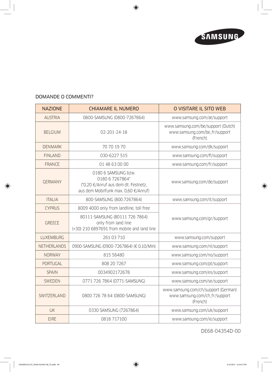 Samsung NQ50J9530BS/ET manual DE68-04354D-00 