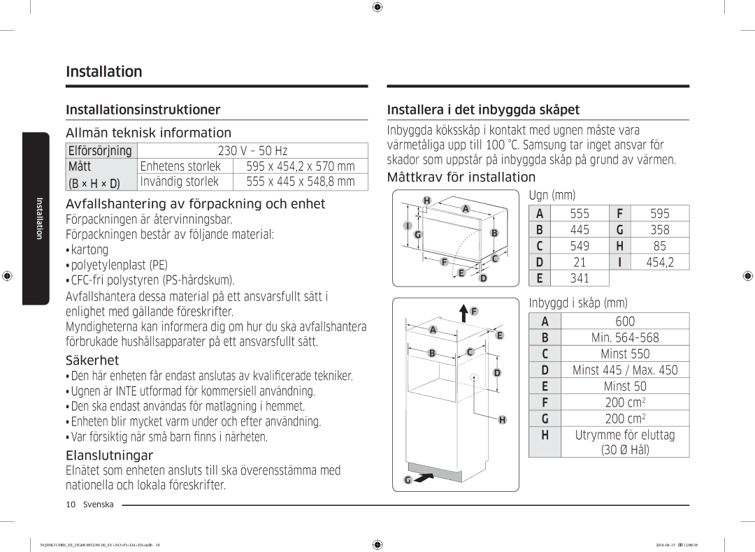 Samsung NQ50K3130BS/EE manual Måttkrav för installation 