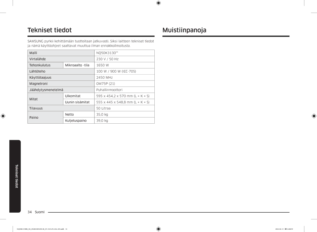 Samsung NQ50K3130BS/EE manual Tekniset tiedottMuistiinpanoja 