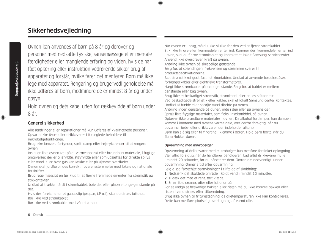 Samsung NQ50K3130BS/EE manual Generel sikkerhed 