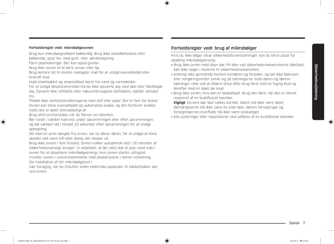 Samsung NQ50K3130BS/EE manual Forholdsregler vedr. brug af mikrobølger 