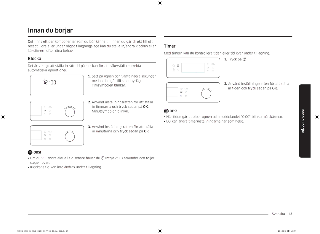 Samsung NQ50K3130BS/EE manual Innan du börjar, Klocka, Timer 