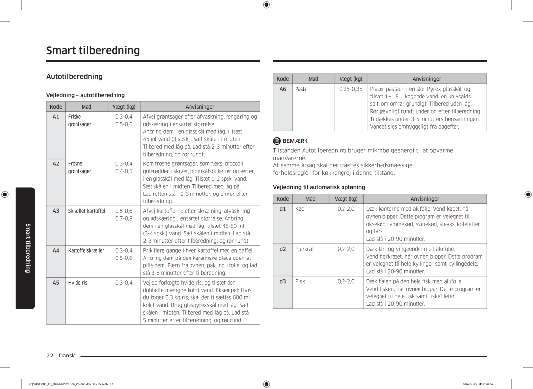 Samsung NQ50K3130BS/EE manual Smart tilberedning, Autotilberedning 