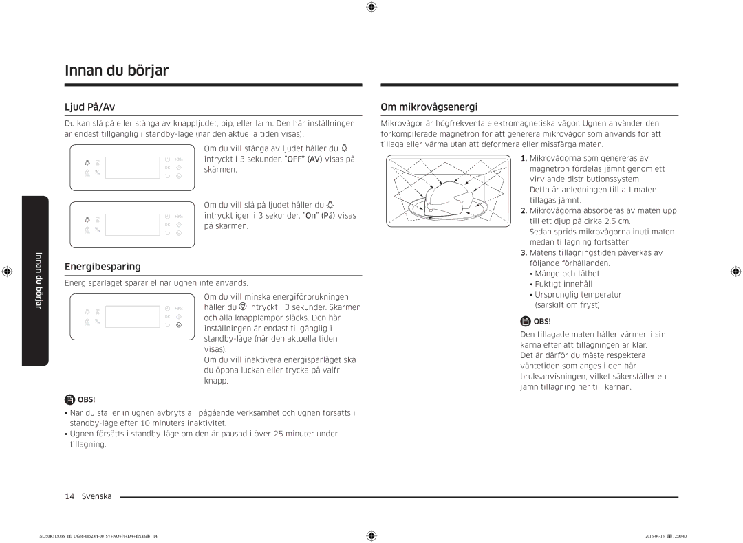 Samsung NQ50K3130BS/EE manual Ljud På/Av, Energibesparing, Om mikrovågsenergi 