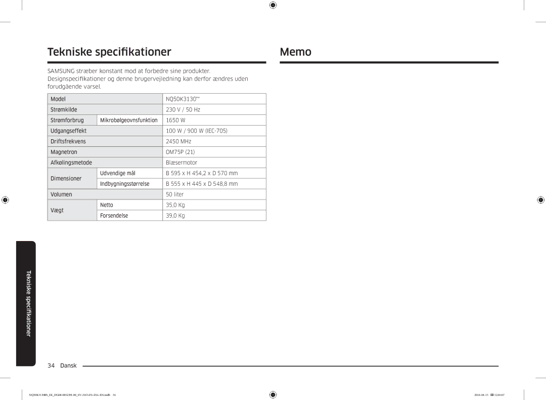 Samsung NQ50K3130BS/EE manual Ekniske s pecifikationer Memo 