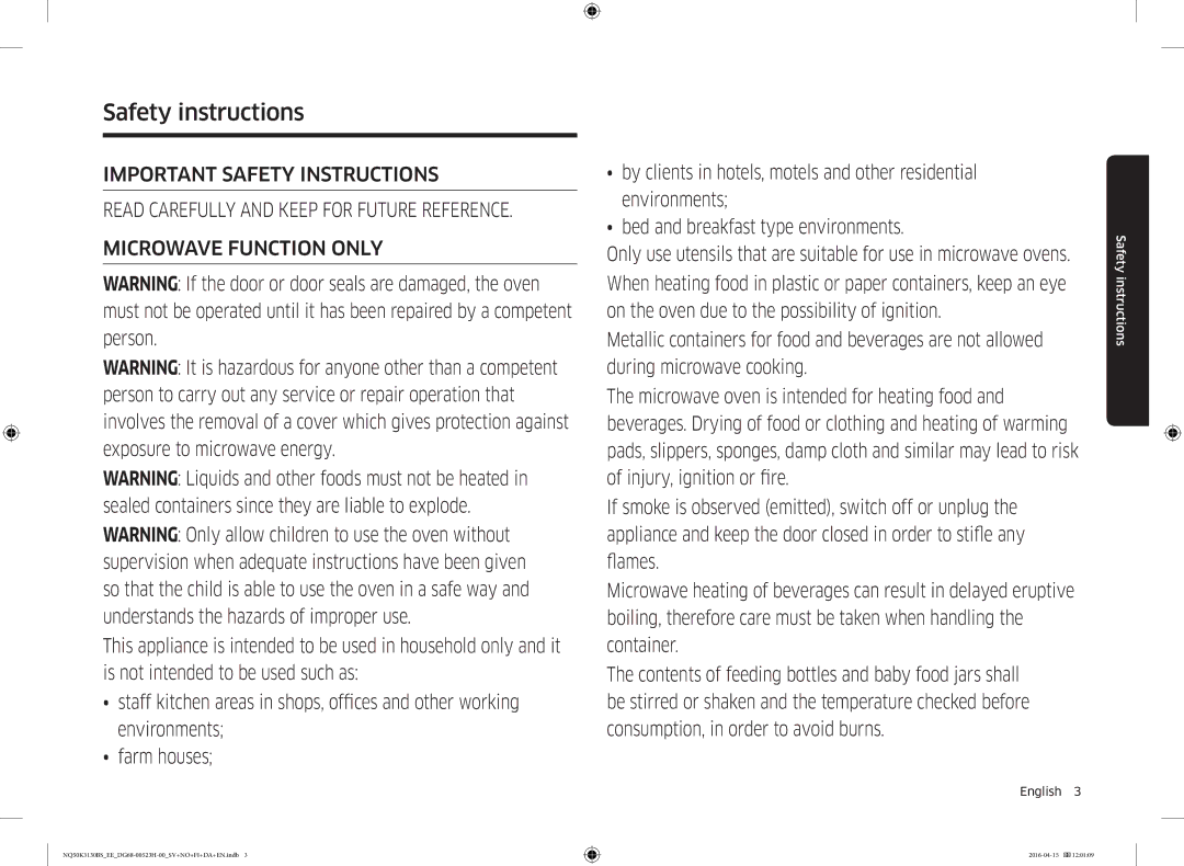 Samsung NQ50K3130BS/EE manual Safety instructions 