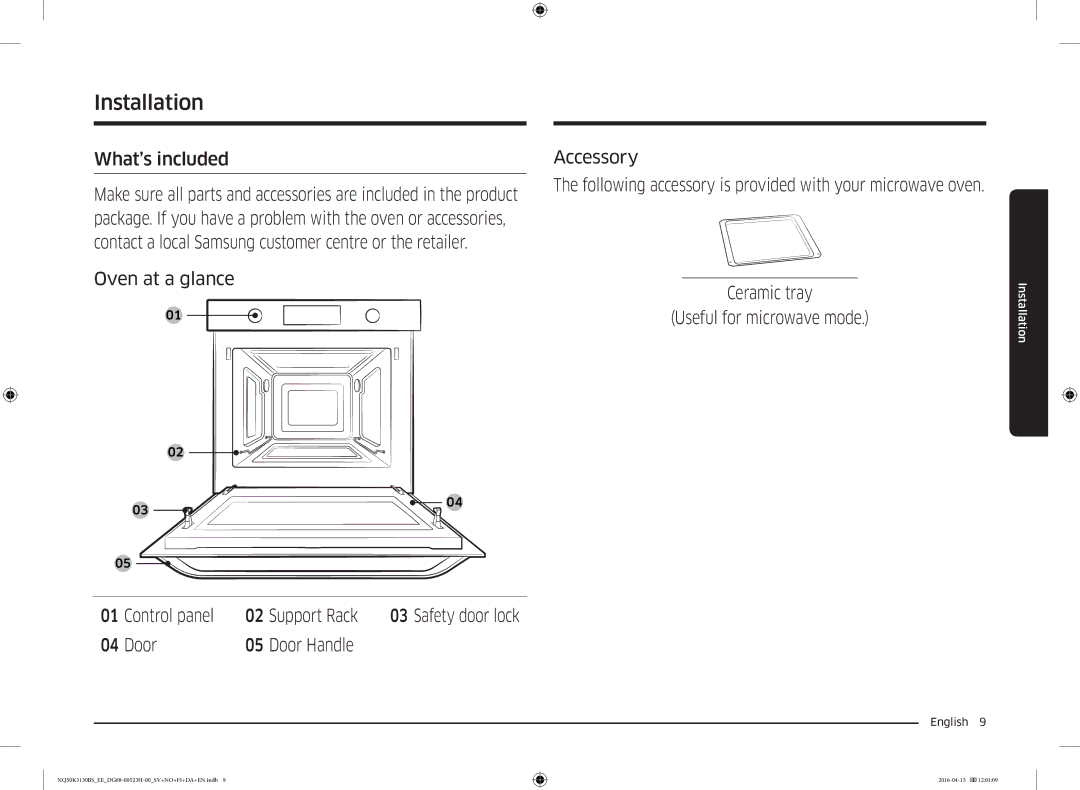 Samsung NQ50K3130BS/EE manual What’s included, Oven at a glance Control panel Support Rack, Door Door Handle Accessory 