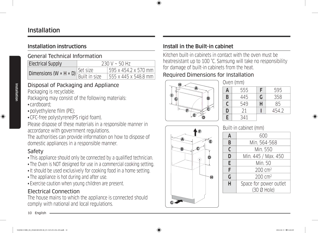 Samsung NQ50K3130BS/EE manual Set size, Install in the Built-in cabinet, Required Dimensions for Installation, Safety 