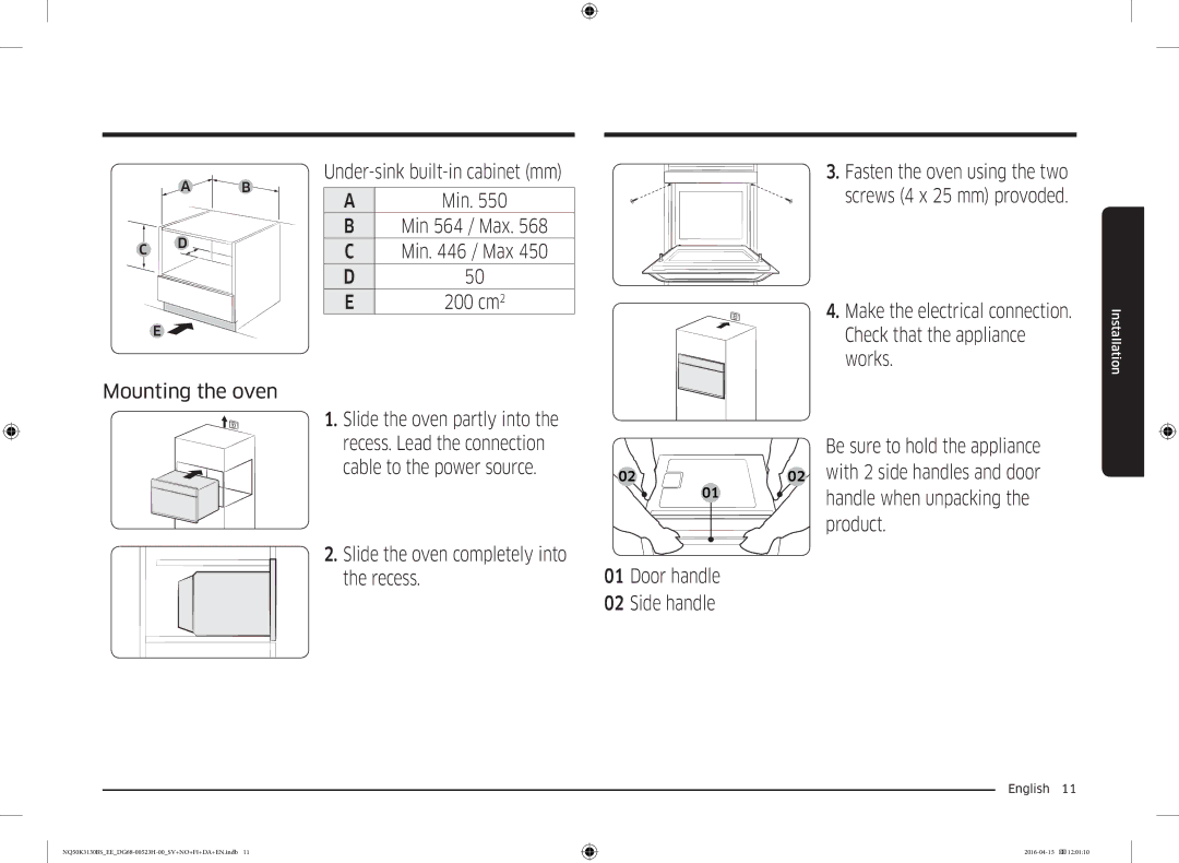 Samsung NQ50K3130BS/EE manual Fasten the oven using the two screws 4 x 25 mm provoded 