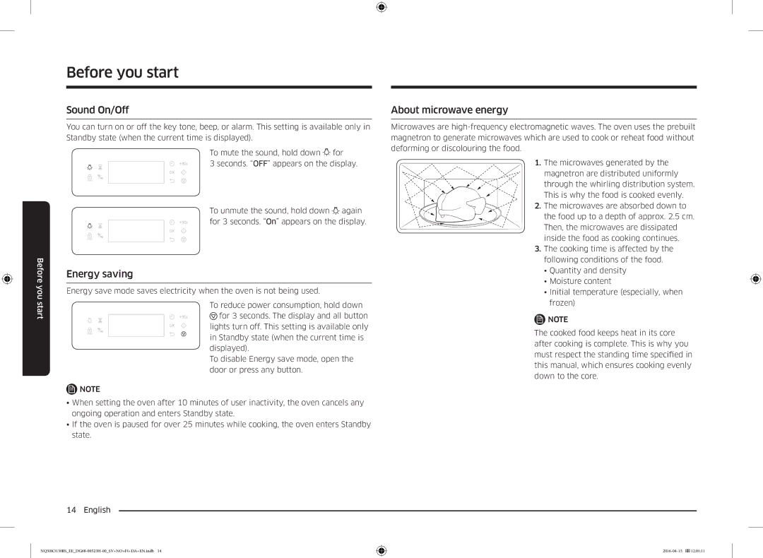 Samsung NQ50K3130BS/EE manual Sound On/Off, Energy saving, About microwave energy 