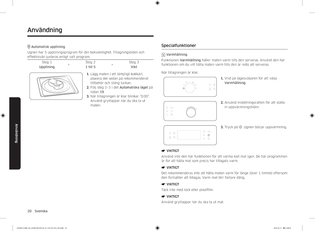 Samsung NQ50K3130BS/EE manual Specialfunktioner, Viktigt 