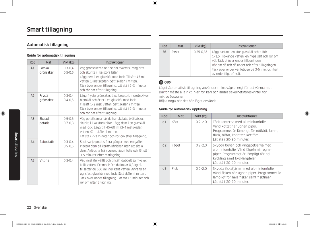 Samsung NQ50K3130BS/EE manual Smart tillagning, Automatisk tillagning 