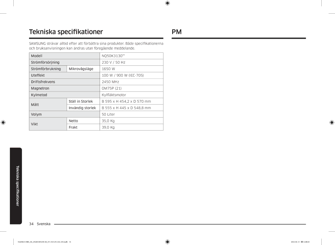 Samsung NQ50K3130BS/EE manual Tekniska specifikationer, Fikationer Tekniska speci 