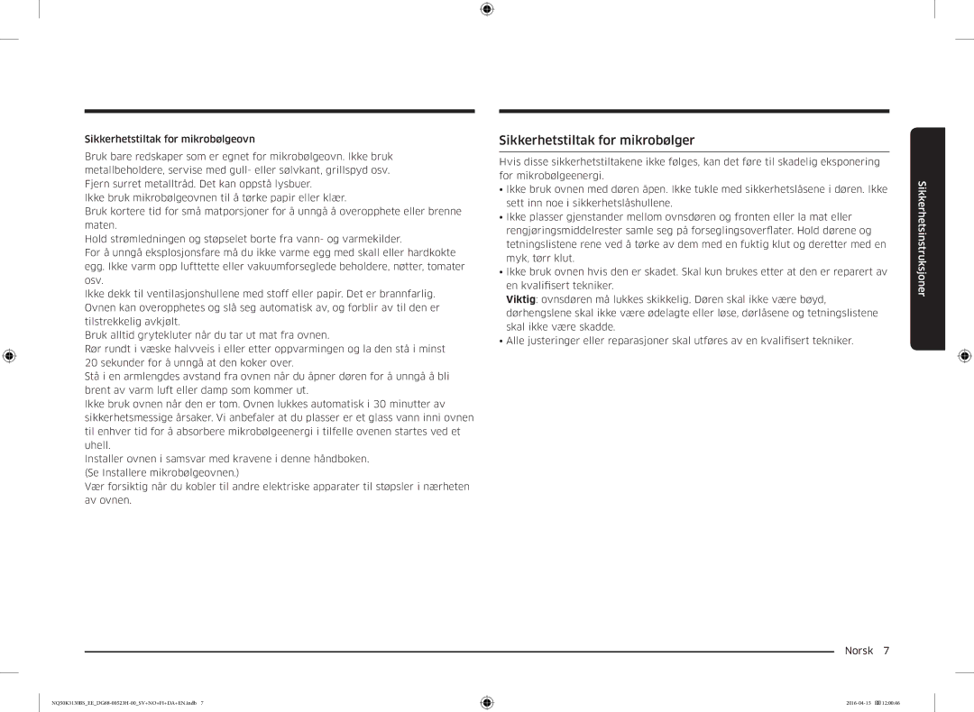 Samsung NQ50K3130BS/EE manual Sikkerhetstiltak for mikrobølger 