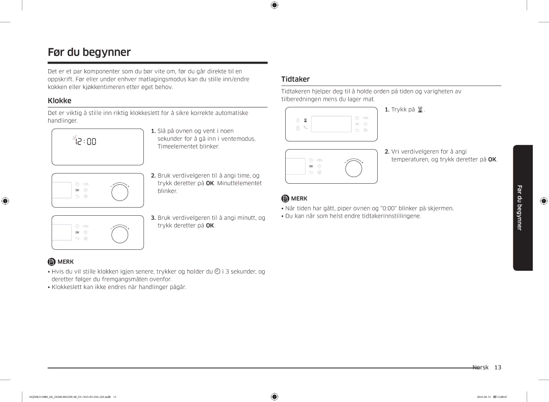 Samsung NQ50K3130BS/EE manual Før du begynner, Klokke, Tidtaker, Merk 