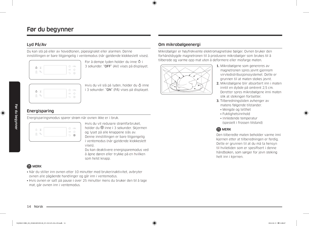 Samsung NQ50K3130BS/EE manual Lyd På/Av, Energisparing, Om mikrobølgeenergi 