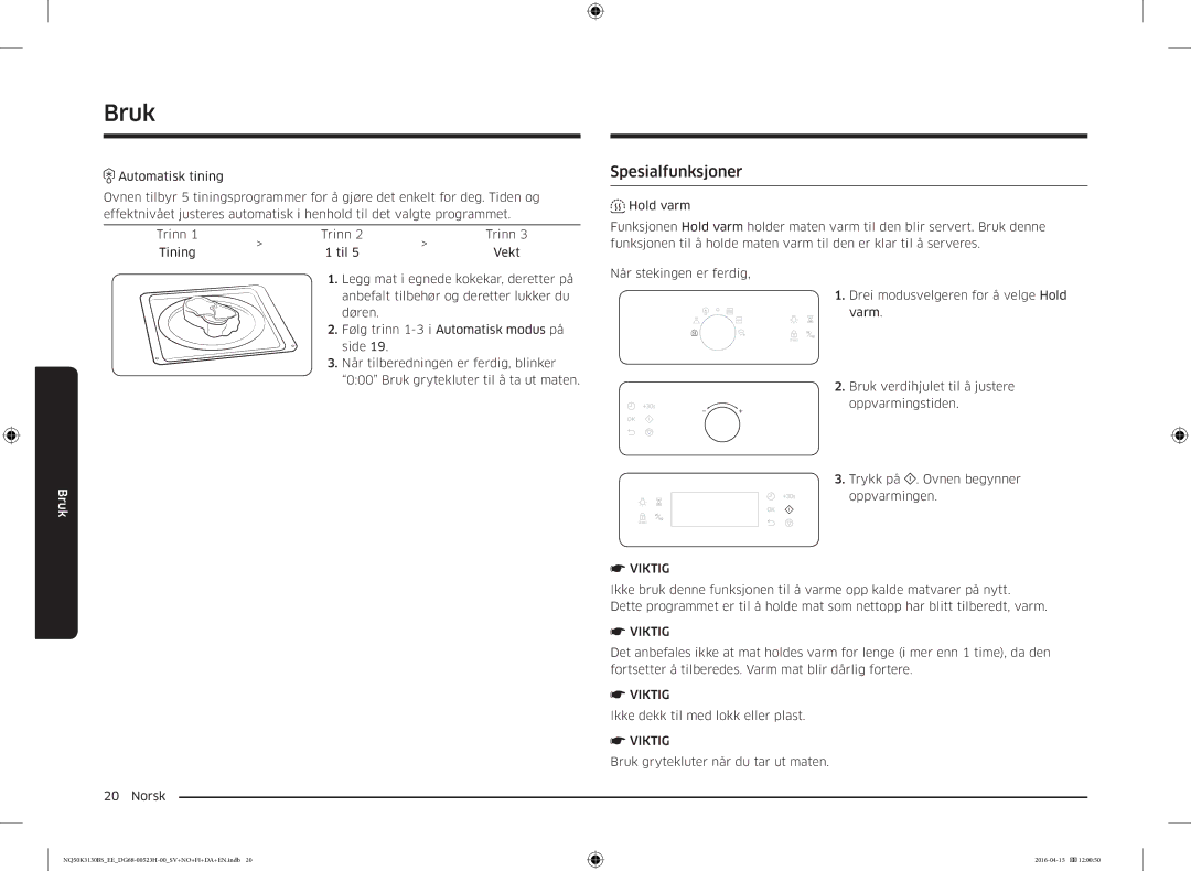 Samsung NQ50K3130BS/EE manual Spesialfunksjoner, Viktig 