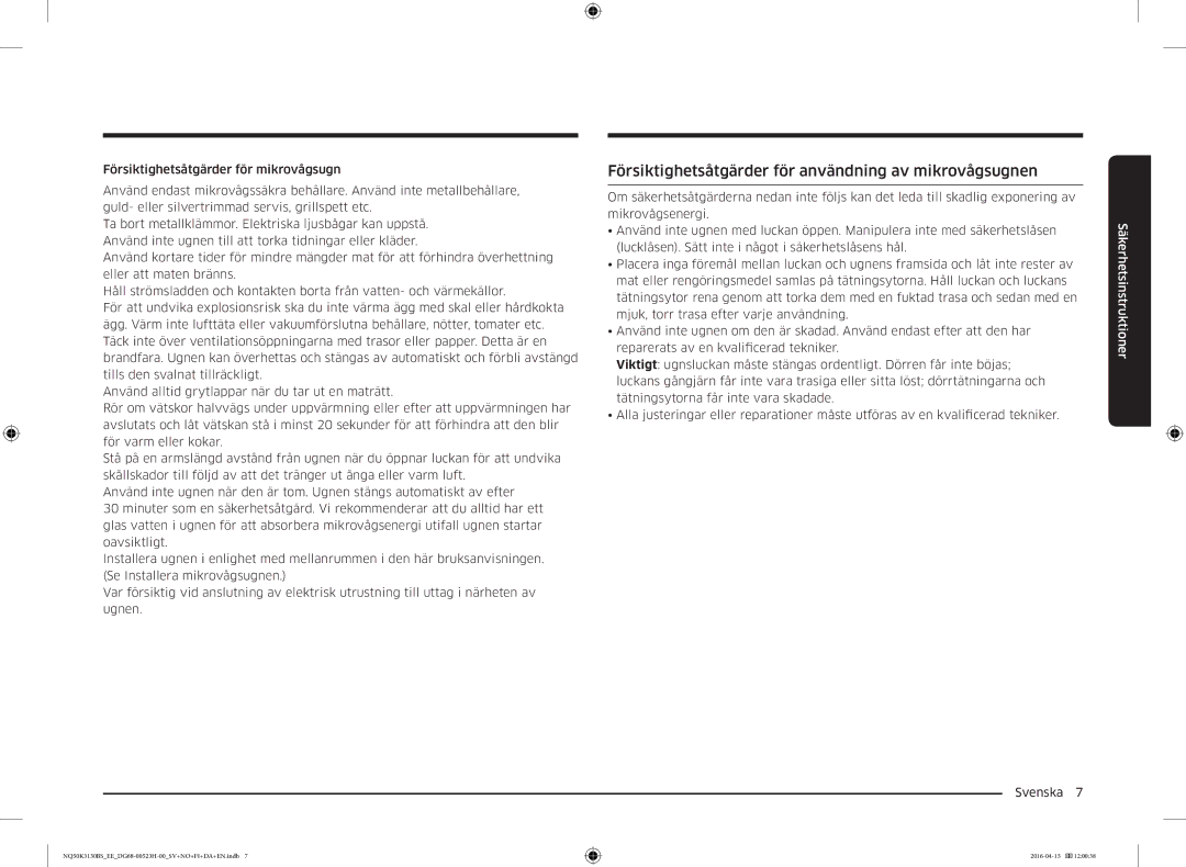 Samsung NQ50K3130BS/EE manual Försiktighetsåtgärder för användning av mikrovågsugnen 