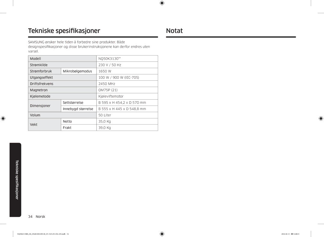 Samsung NQ50K3130BS/EE manual Tekniske spesifikasjoner Notat 