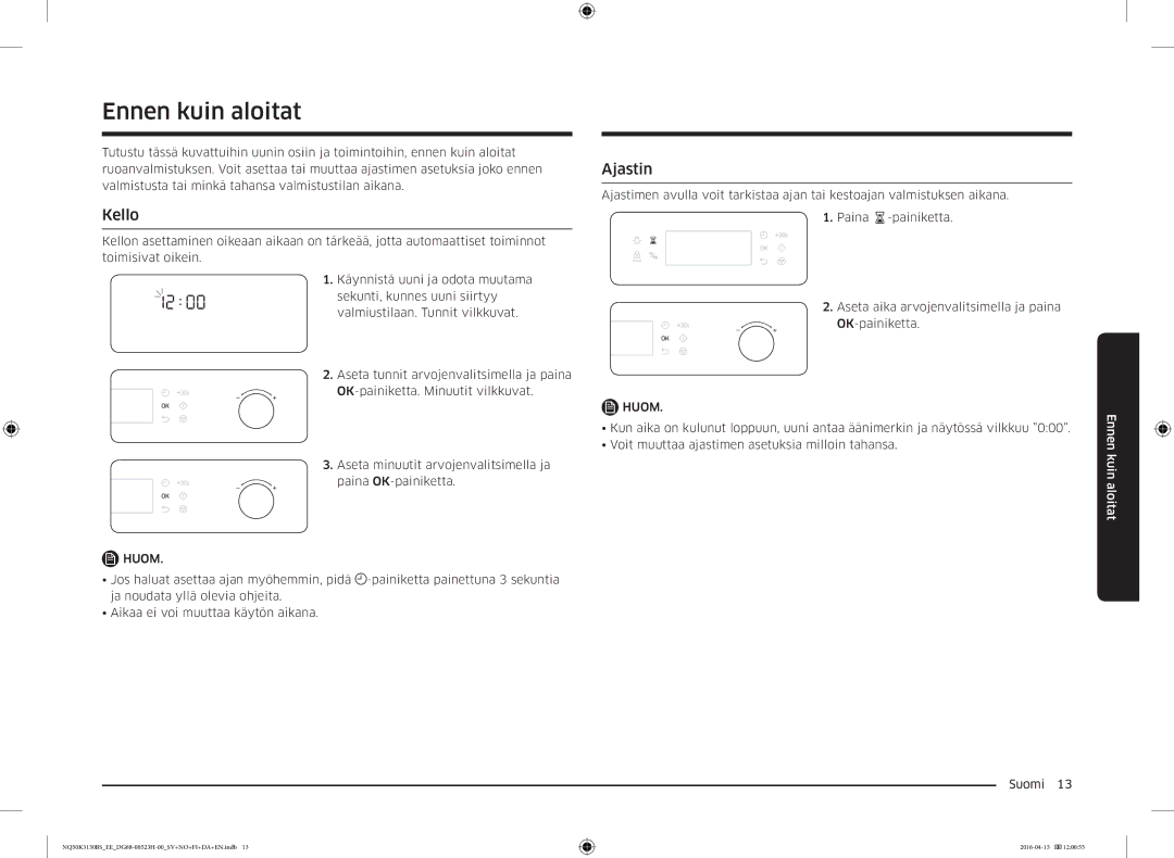 Samsung NQ50K3130BS/EE manual Ennen kuin aloitat, Kello, Ajastin, Huom 