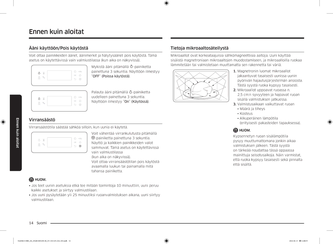 Samsung NQ50K3130BS/EE manual Ääni käyttöön/Pois käytöstä, Virransäästö, Tietoja mikroaaltosäteilystä 