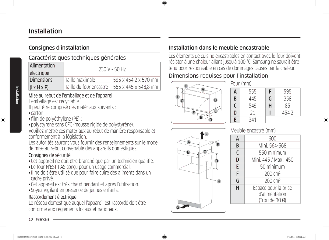 Samsung NQ50K3130BS/EG manual Installation dans le meuble encastrable, H x P, Four mm 555 595, Dalimentation Trou de 30 Ø 