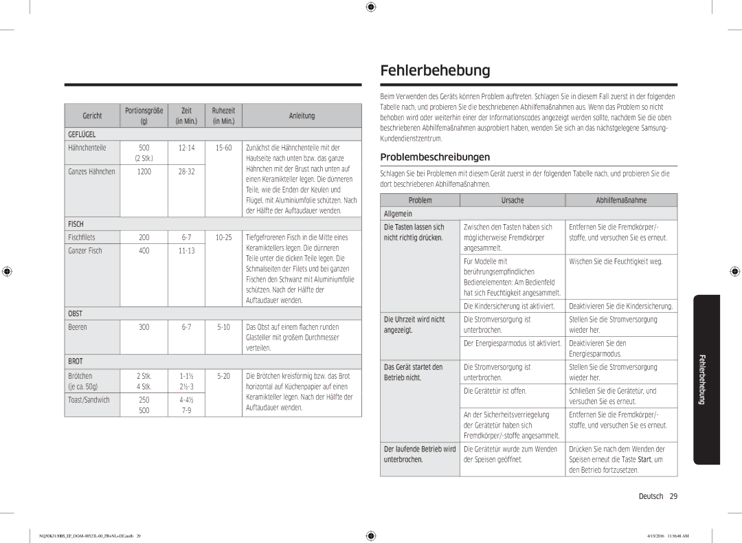 Samsung NQ50K3130BS/EF, NQ50K3130BS/EG manual Fehlerbehebung, Problembeschreibungen 