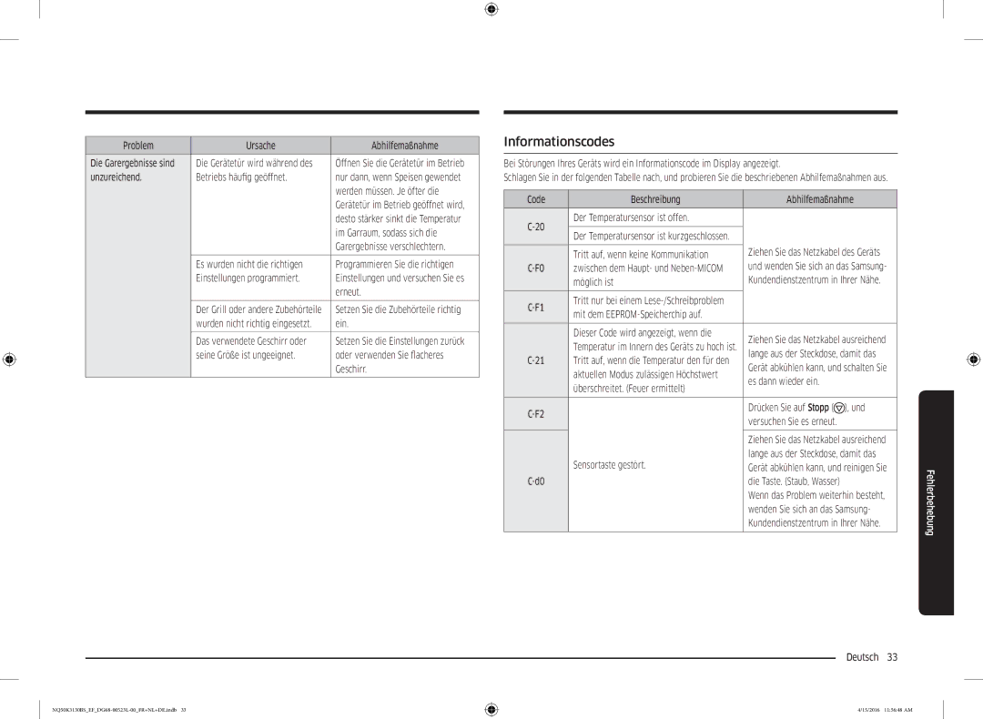 Samsung NQ50K3130BS/EF, NQ50K3130BS/EG manual Informationscodes 