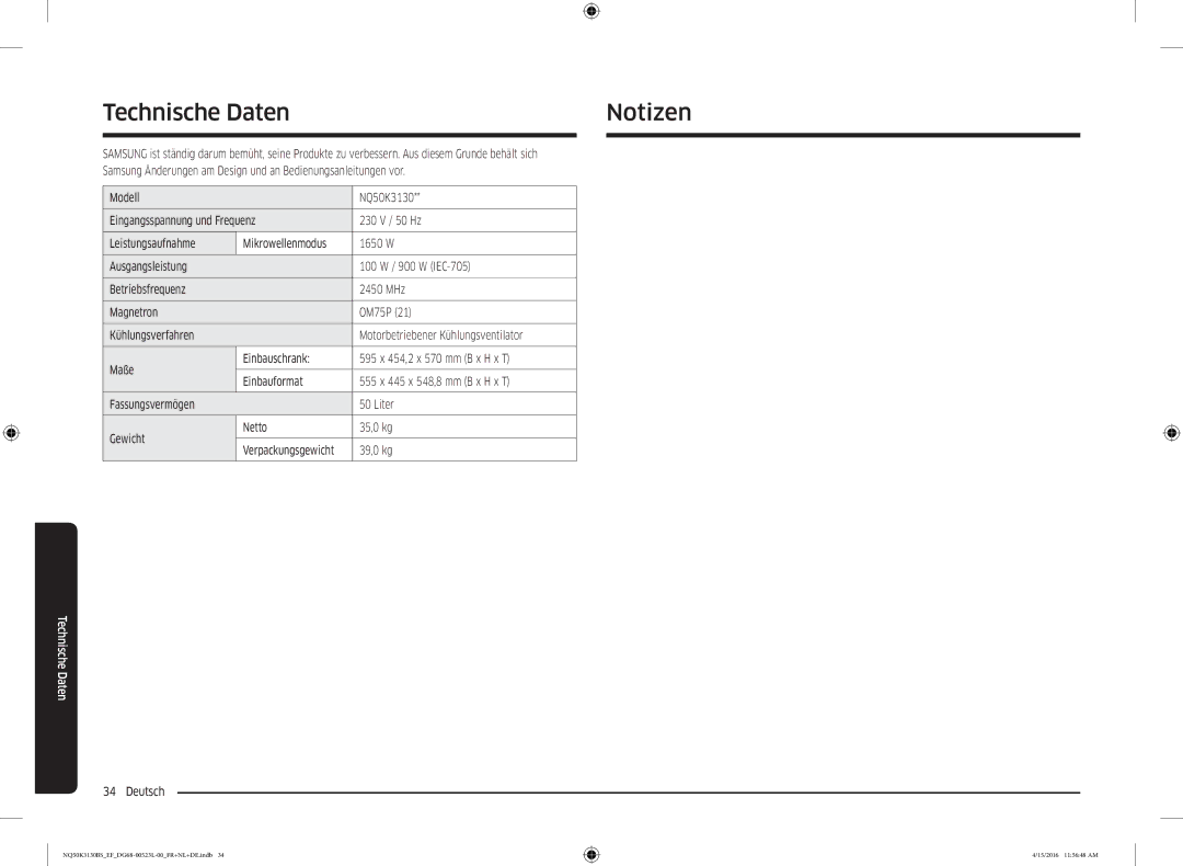 Samsung NQ50K3130BS/EG, NQ50K3130BS/EF manual Technische DatenNotizen, 39,0 kg 